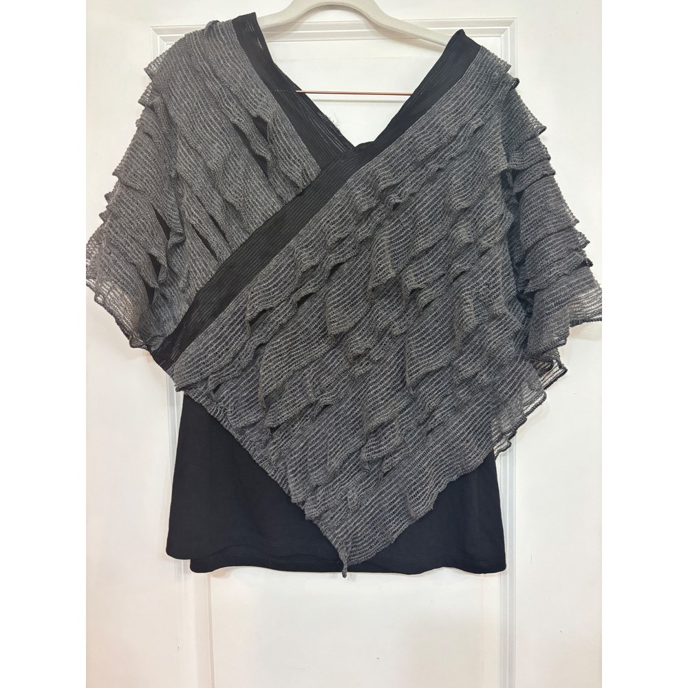 My Michelle Women XL Grey Black Ruffle Layered Mesh Asymmetrical V-Neck Top Y2K